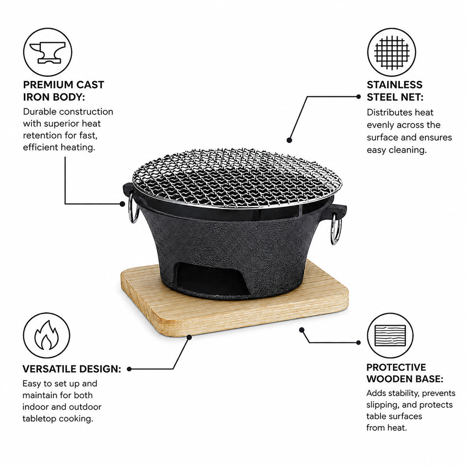 SOGA Medium Cast Iron Round Stove Charcoal Table Net Grill Japanese Style BBQ Picnic Camping with Wooden Board