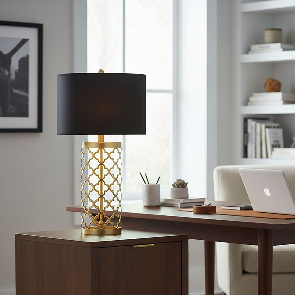 SOGA Golden Hollowed Out Base Table Lamp with Dark Shade
