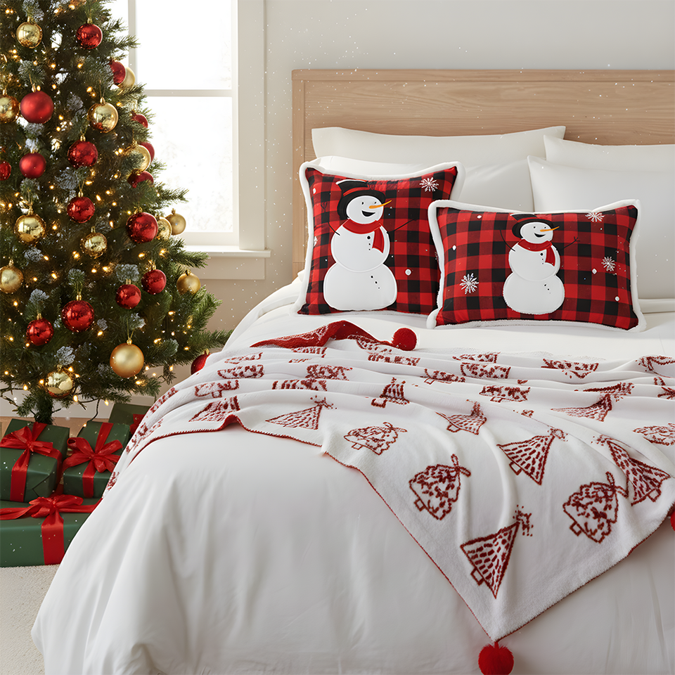 SOGA Christmas Bundle – Red Christmas Tree Fleece Throw & Red Snowman Holiday Pillows