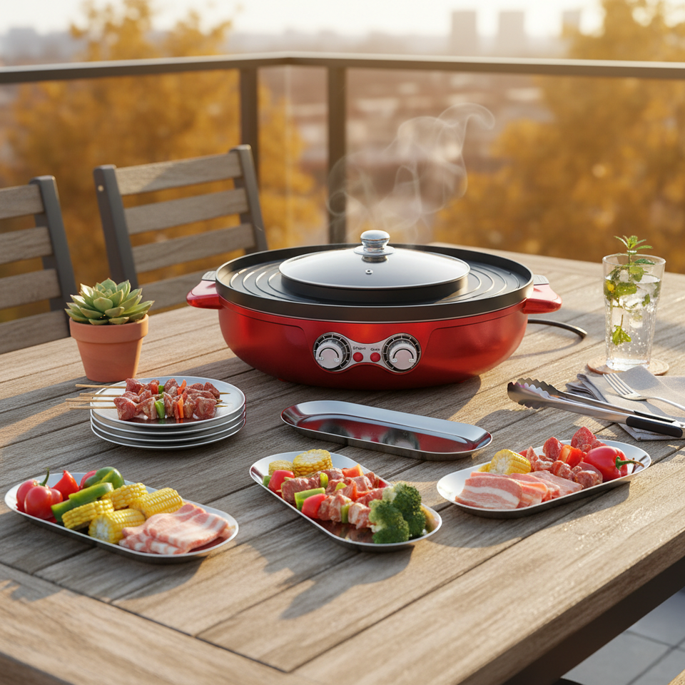 SOGA Kitchenware Bundle – 2-in-1 Electric Hot Pot BBQ Grill & Silver Plate Set with Grilling Plate