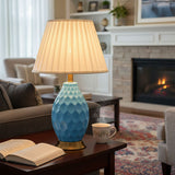 SOGA 2X Textured Ceramic Oval Table Lamp with Gold Metal Base Blue