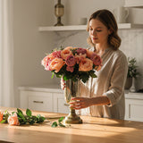 SOGA 2 x Clear Glass Flower Vase with Lid and Pink Flower Filler Vase Bronze Set