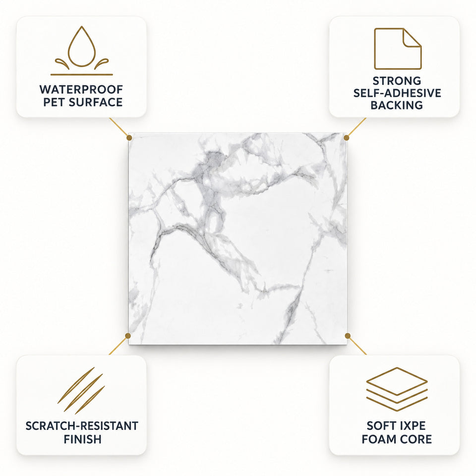 SOGA Peel & Stick Floor and Wall Tiles 60 x 60cm 10 Pack White Grey Faux Marble
