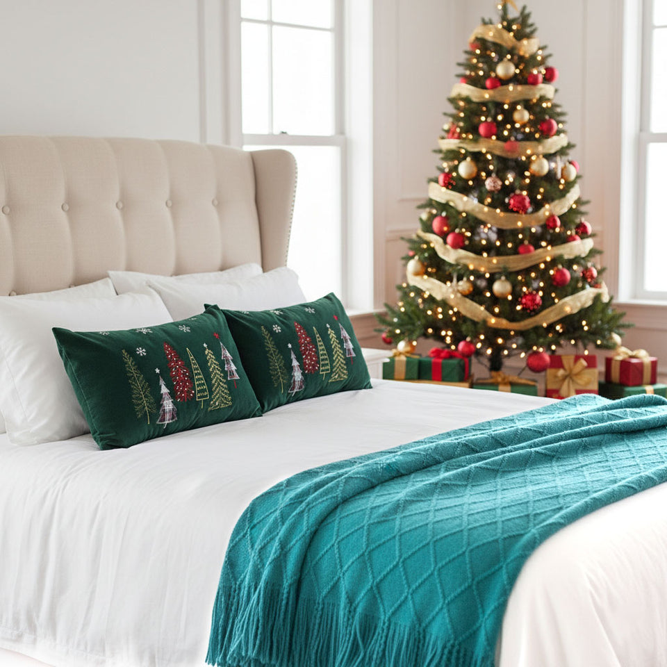 SOGA Christmas Bundle – 2 Dark Green Christmas Forest Lumbar Pillow & Teal Knitted Throw Blanket