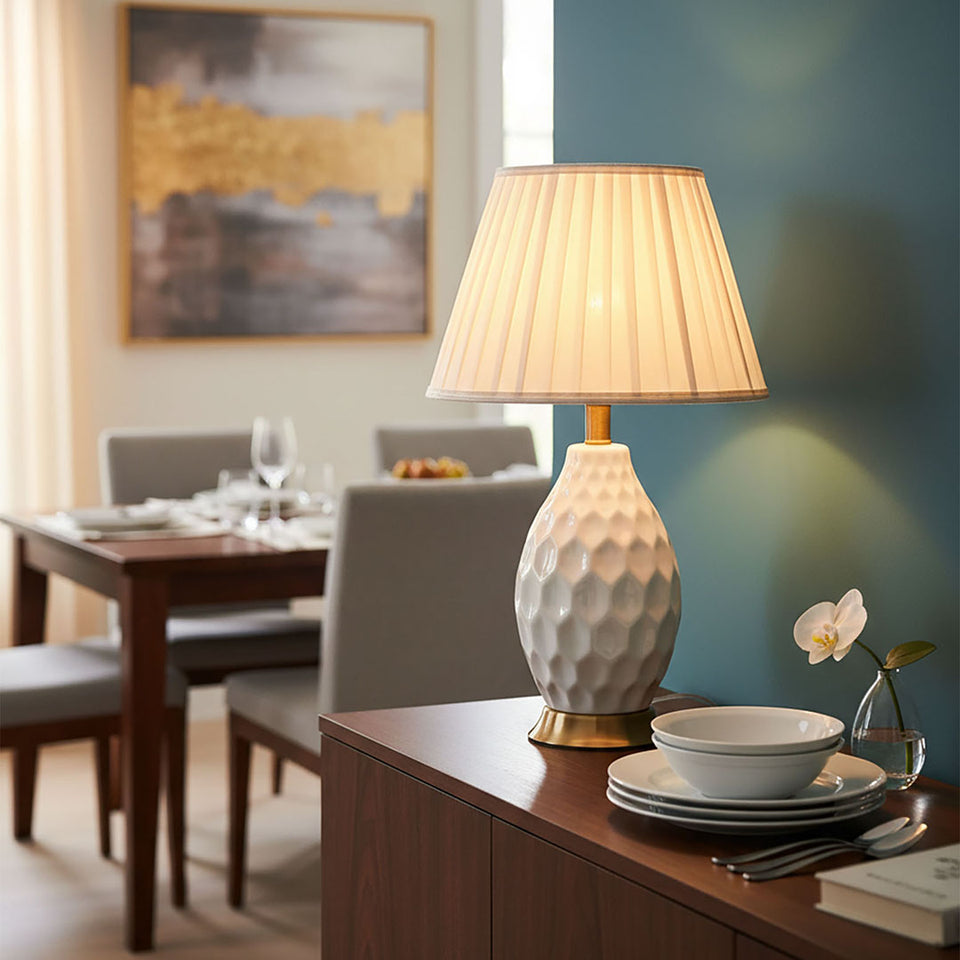 SOGA Textured Ceramic Oval Table Lamp with Gold Metal Base White