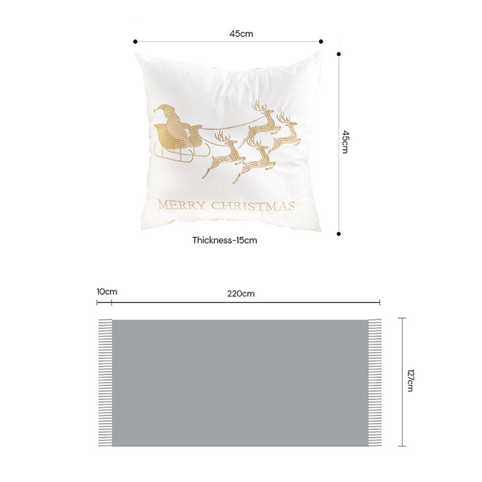 SOGA Christmas Bundle – 2 White & Gold Christmas Sleigh Pillow & White Knitted Throw Blanket