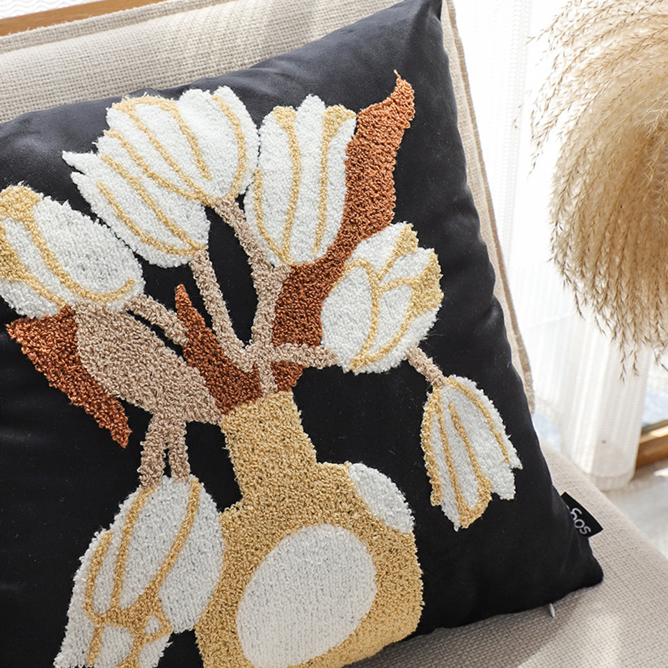 SOGA 2X 45cm Black White Gold Floral Vase Embroidered Throw Pillow