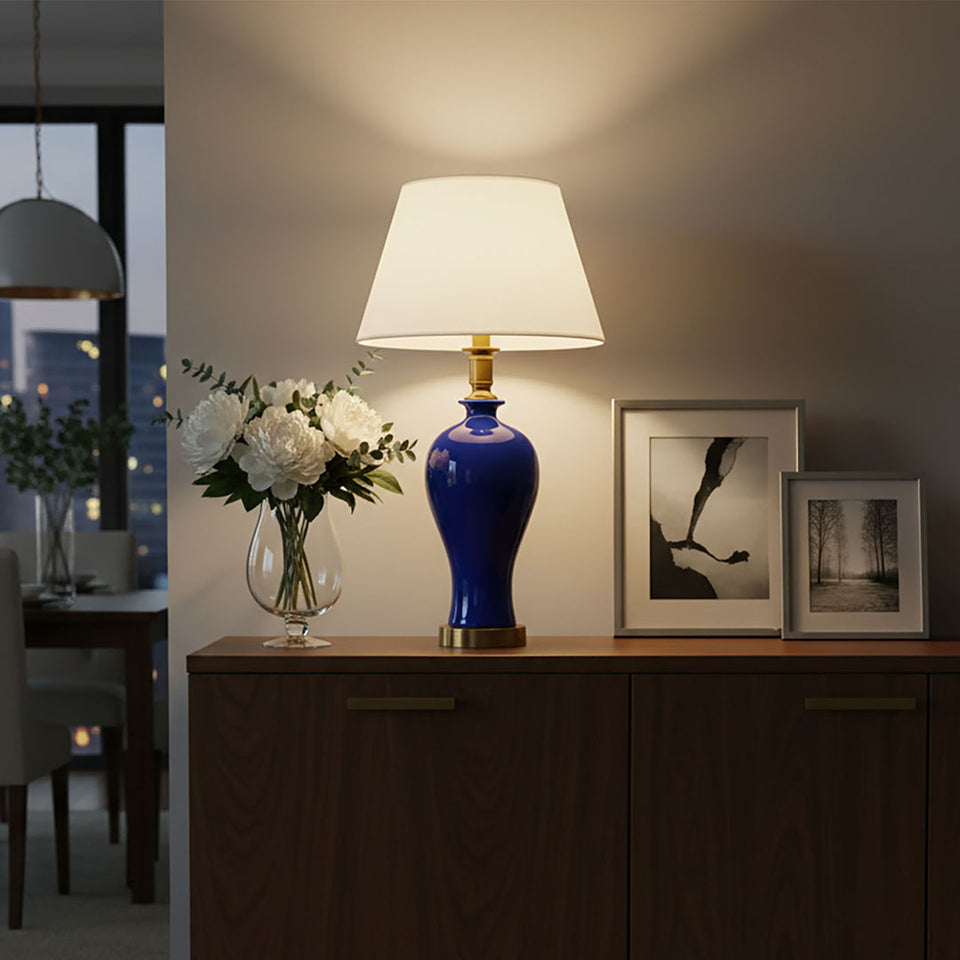 SOGA Blue Ceramic Oval Table Lamp with Gold Metal Base