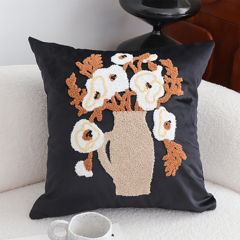 SOGA 2X 45cm Black Brown White Floral Bouquet Embroidered Throw Pillow