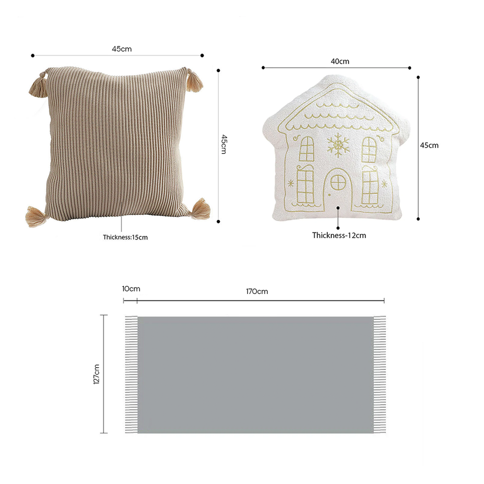 SOGA Christmas Bundle – 2 Khaki Wabi-Sabi & White Christmas House Pillows with Beige Knitted Throw