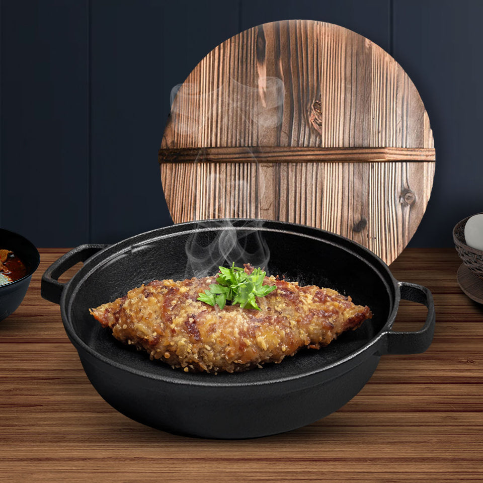 SOGA 2X 35cm Round Cast Iron Pre-seasoned Deep Baking Pizza Frying Pan Skillet with Wooden Lid
