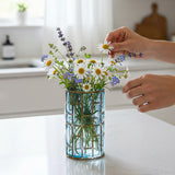 SOGA Blue Colored European Glass Cylinder Flower Vase with Gold Metal Pattern