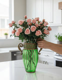 SOGA Green Glass Flower Vase with 8 Bunch 5 Heads Artificial Fake Silk Rose Home Decor Set