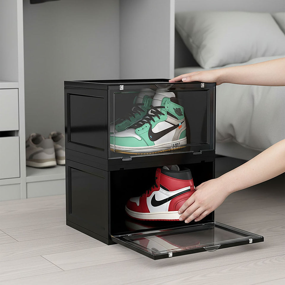SOGA 6 Tier Black Portable Shoe Organiser Sneaker Footwear Folding Plastic Bin Stackable Storage Box with Magnetic Door