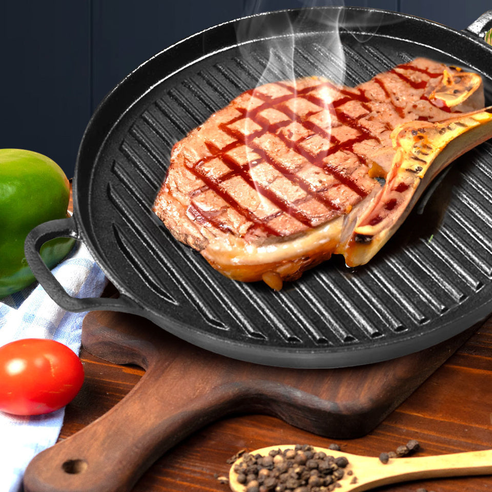 SOGA 2X 30cm Ribbed Cast Iron Frying Pan Skillet Coating Steak Sizzle Platter