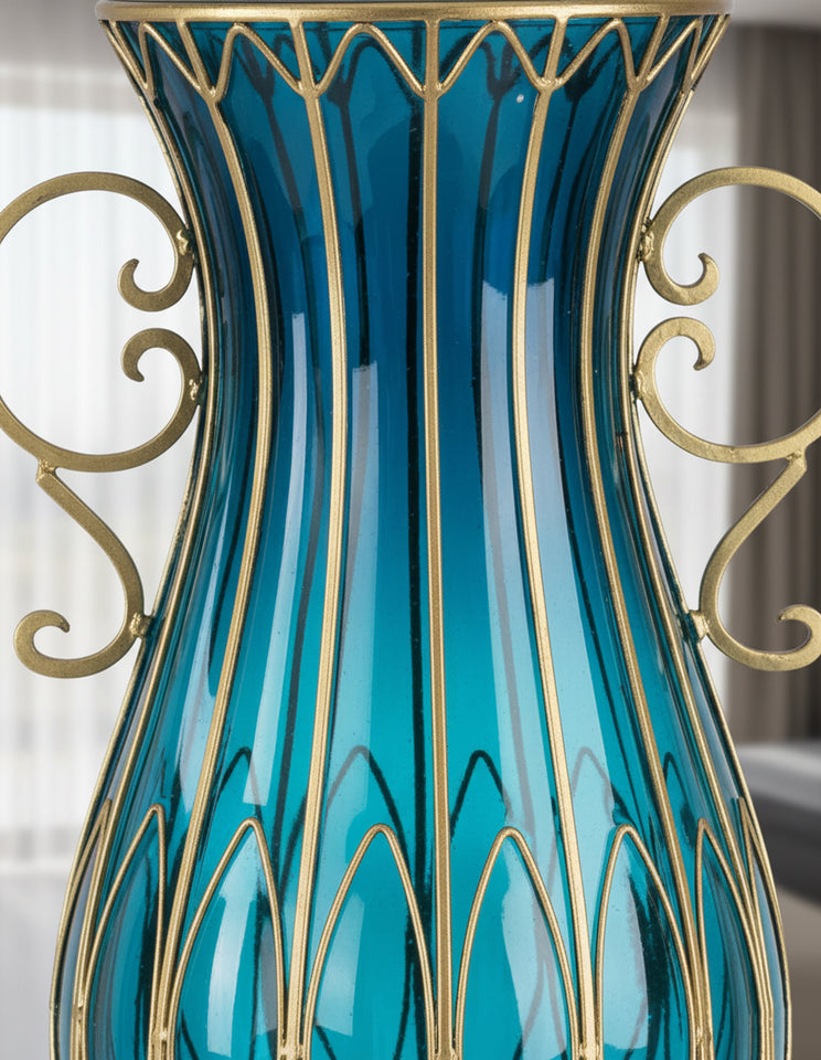 SOGA 51cm Blue Glass Oval Floor Vase with Metal Flower Stand