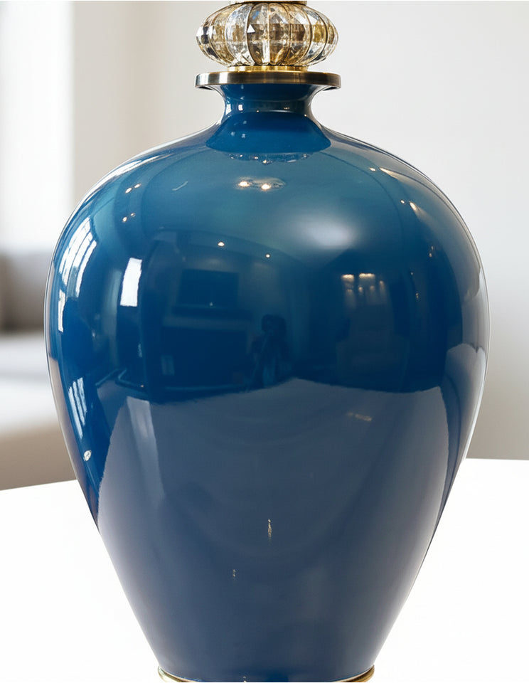 SOGA 42cm Ceramic Oval Flower Vase with Gold Metal Base Dark Blue