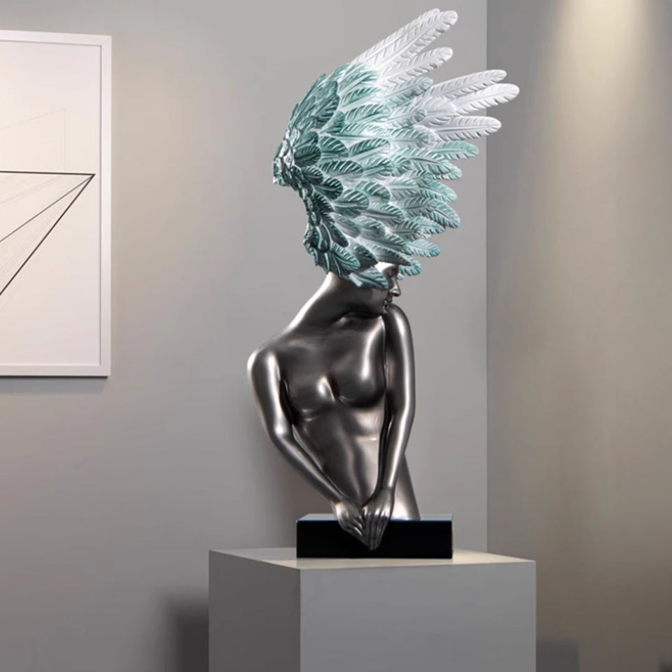 SOGA 86cm Modern Silver Winged Figure Sculpture with Artificial Marble Base for Home Decor