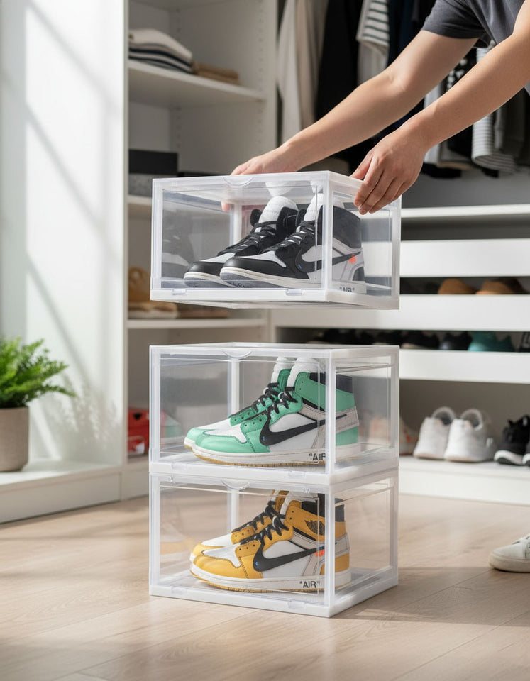 SOGA 3 Tier Transparent Portable Shoe Organiser Sneaker Footwear Folding Plastic Bin Stackable Storage Box with Magnetic Door
