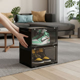 SOGA 2X 2 Tier Black Portable Shoe Organiser Sneaker Footwear Folding Plastic Bin Stackable Storage Box with Magnetic Door