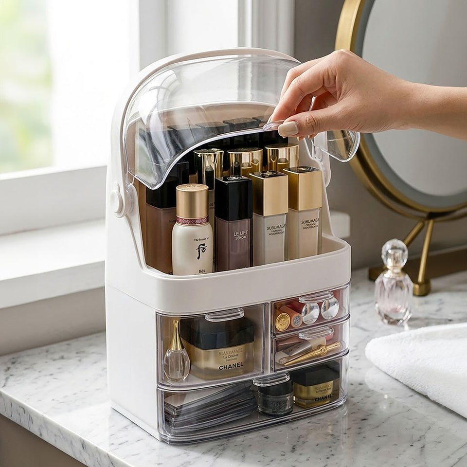 SOGA 2X 3 Tier White Countertop Makeup Cosmetic Storage Organiser Skincare Holder Jewelry Storage Box with Handle