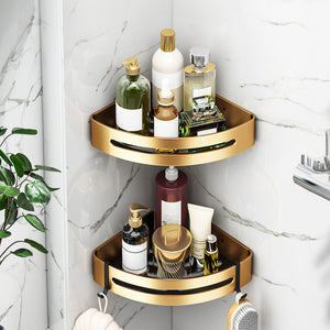 SOGA 2X Gold Wall-Mounted Triangular Bathroom Storage Corner Vanity Organiser Space Saving Adhesive Shelf Rack with Hooks