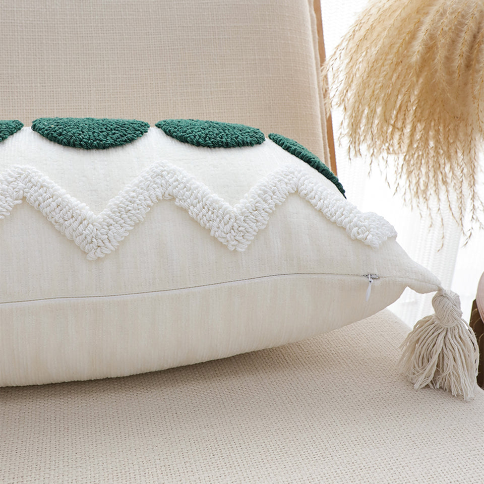 SOGA 2X 30cm Cream Green Circle Pom Chevron Tassel Decorative Pillow