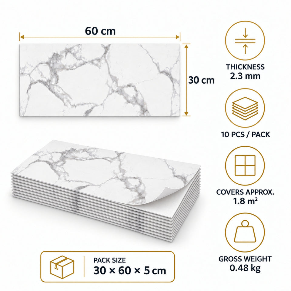SOGA Peel & Stick Floor and Wall Tiles 30 x 60cm 10 Pack White Grey Faux Marble