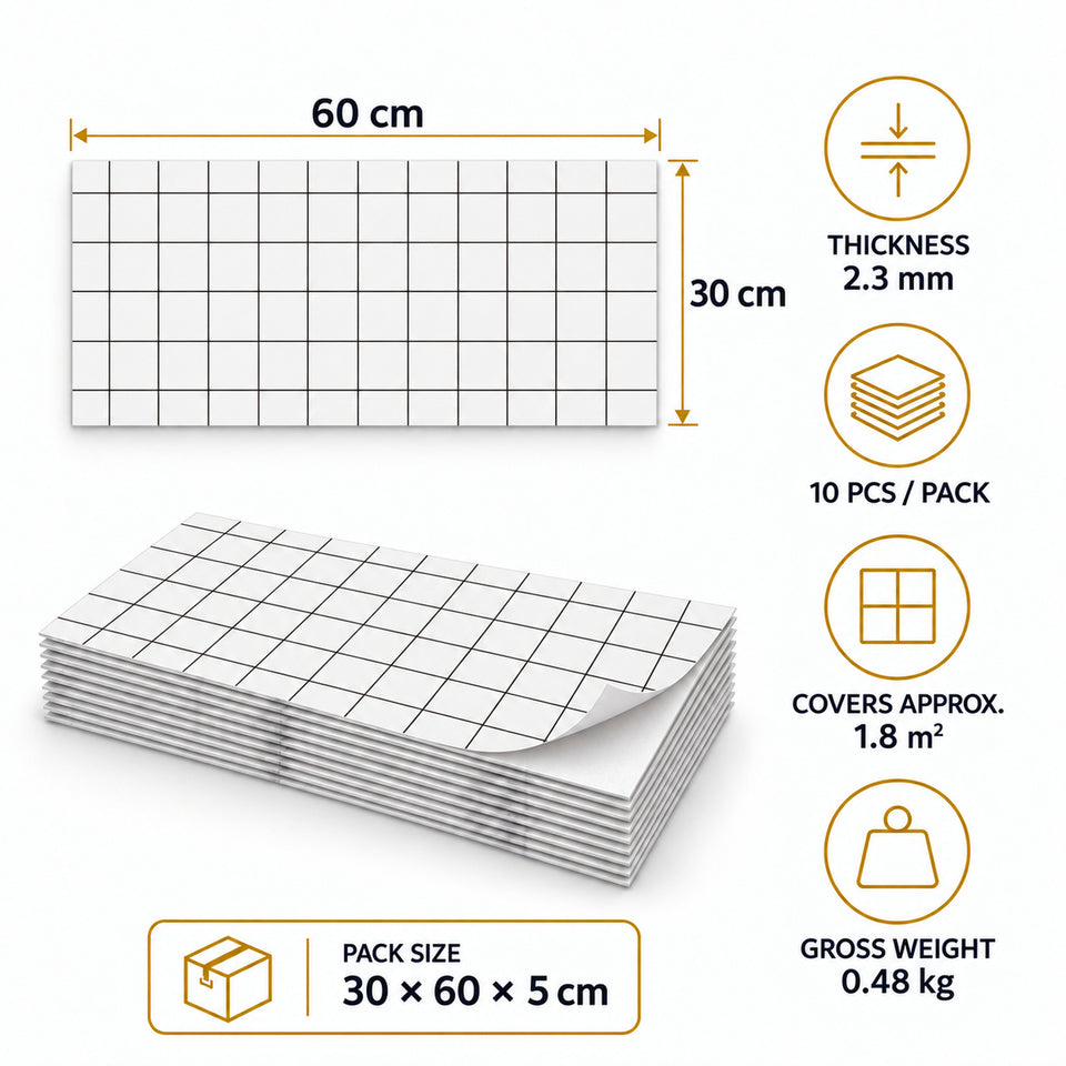SOGA Peel & Stick Floor and Wall Tiles 30 x 60cm 10 Pack White Grid Tile Look