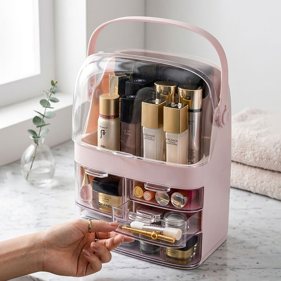 SOGA 2X 3 Tier Pink Countertop Makeup Cosmetic Storage Organiser Skincare Holder Jewelry Storage Box with Handle