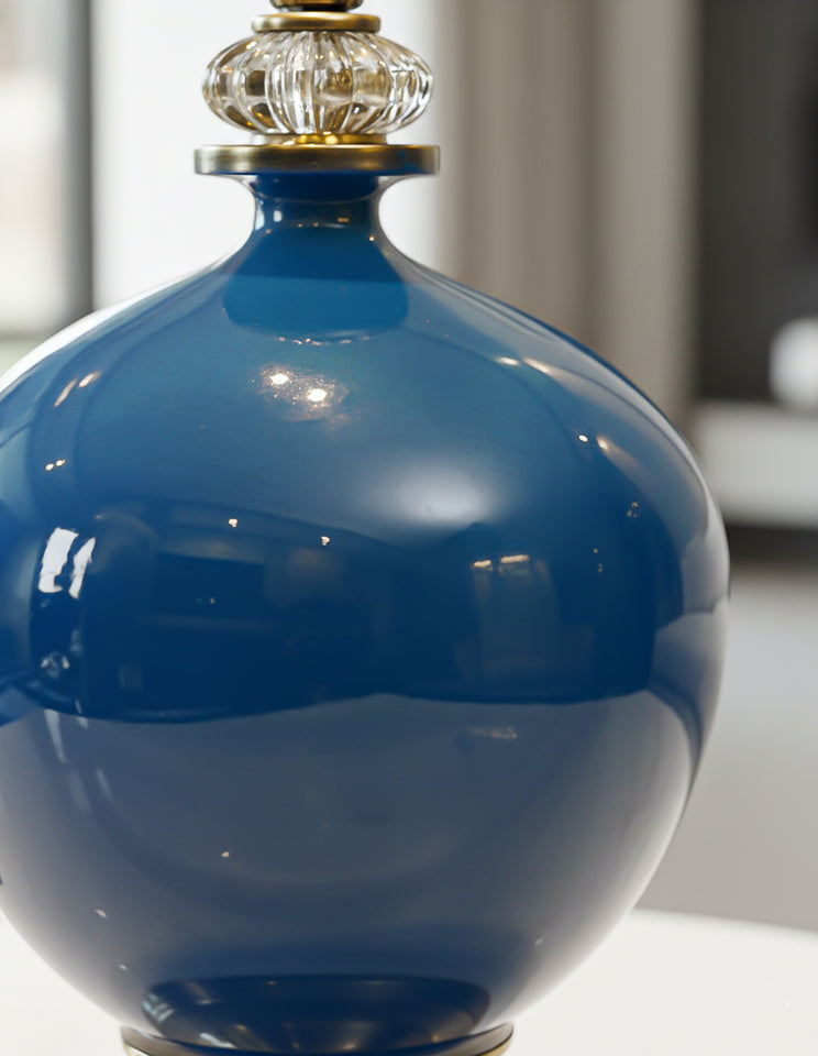 SOGA 2x 38cm Ceramic Oval Flower Vase with Gold Metal Base Dark Blue