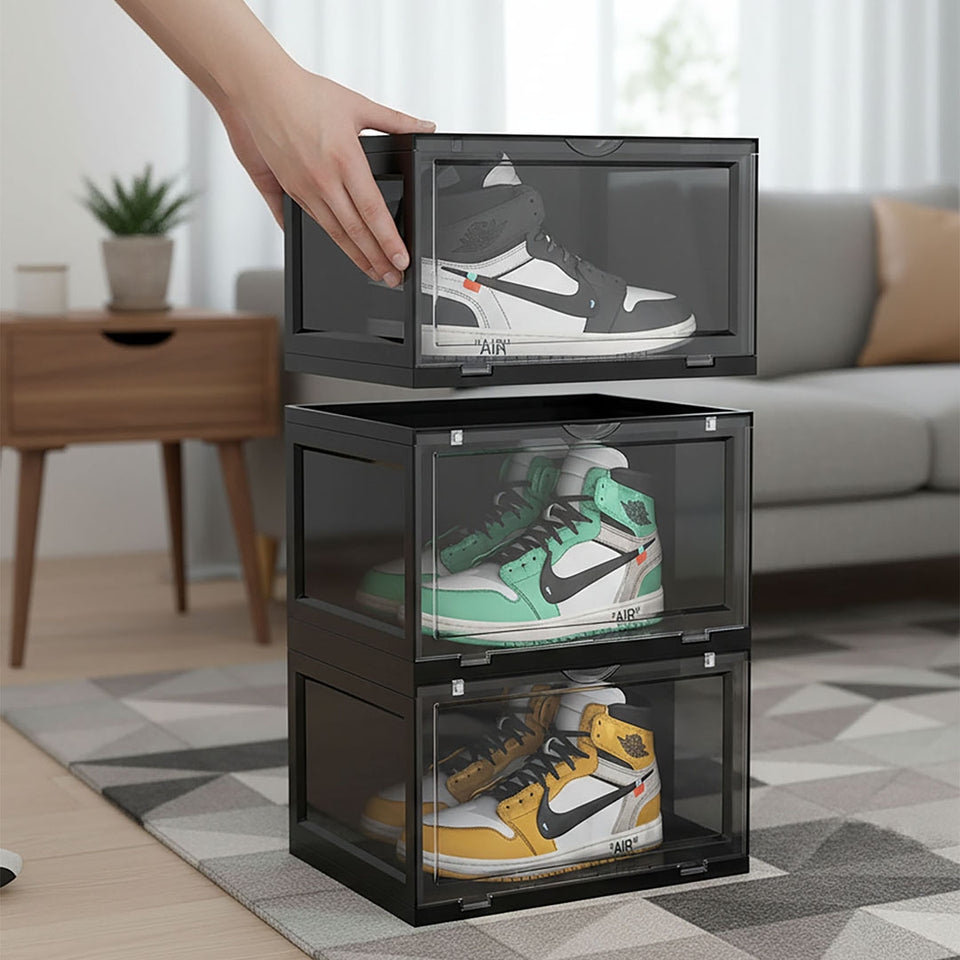 SOGA 2X 3 Tier Black Portable Shoe Organiser Sneaker Footwear Folding Plastic Bin Stackable Storage Box with Magnetic Door