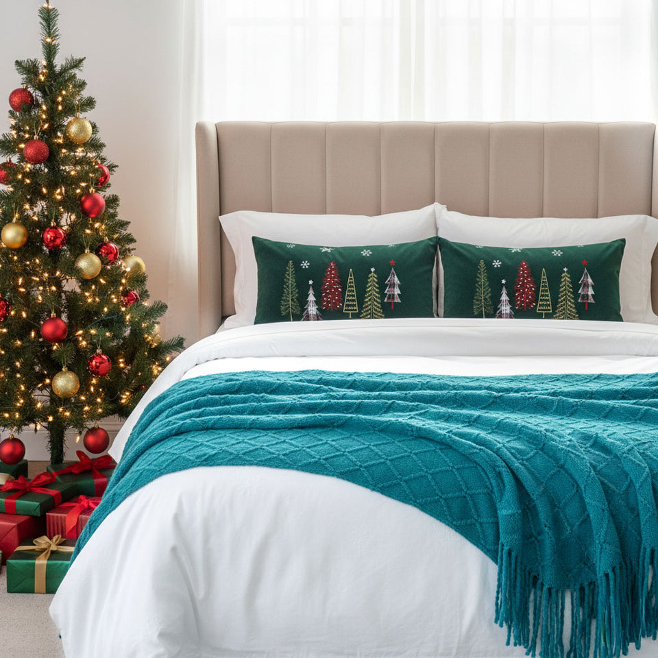 SOGA Christmas Bundle – 2 Dark Green Christmas Forest Lumbar Pillow & Teal Knitted Throw Blanket