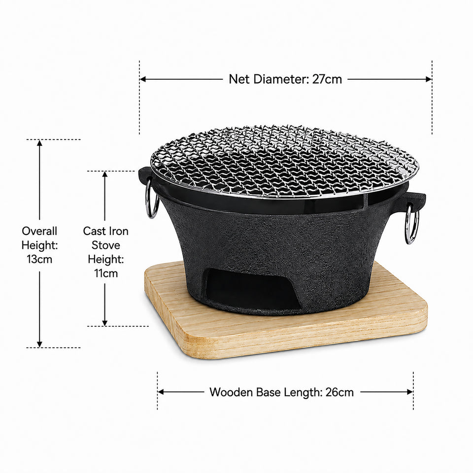 SOGA Large Cast Iron Round Stove Charcoal Table Net Grill Japanese Style BBQ Picnic Camping with Wooden Board