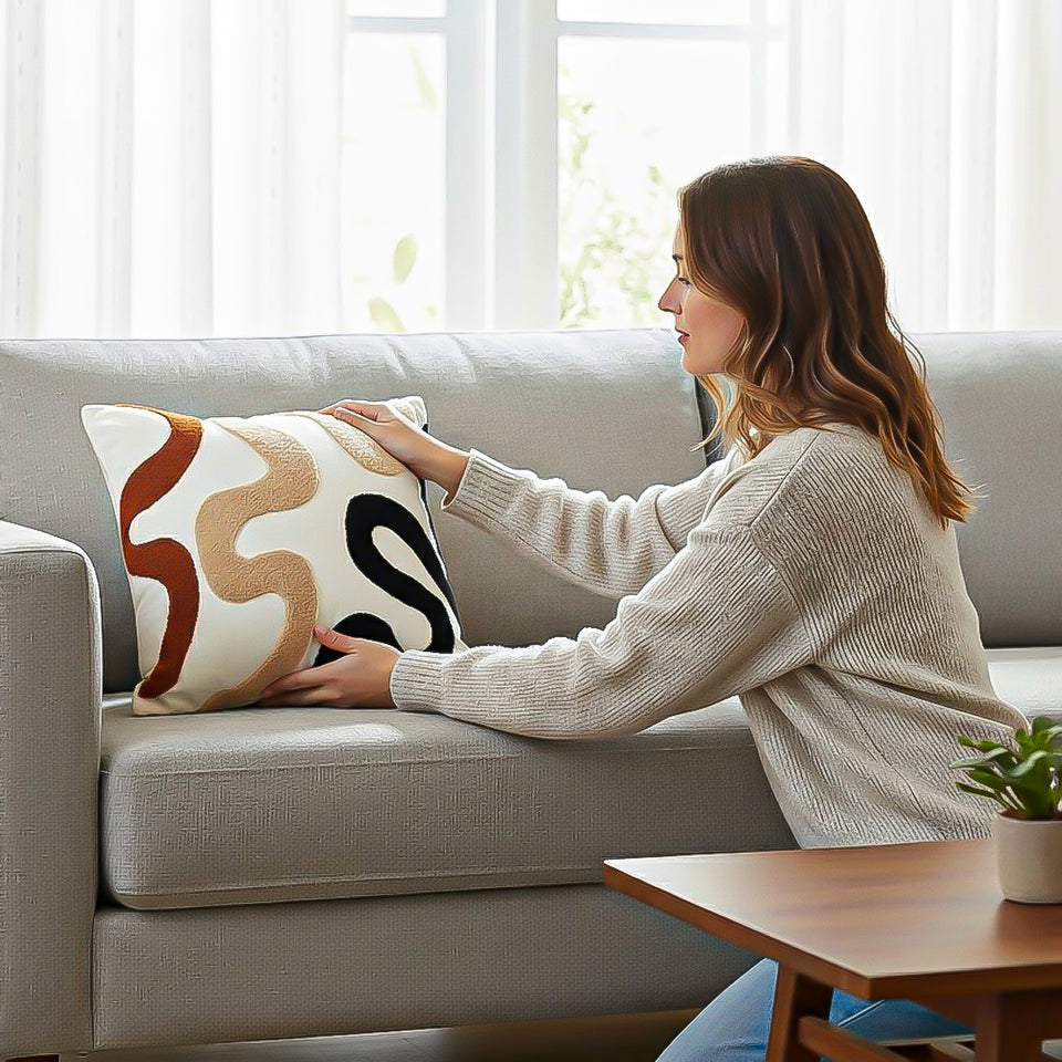 SOGA 2X 45cm Cream Black Geometric Squiggly Pattern Throw Pillow