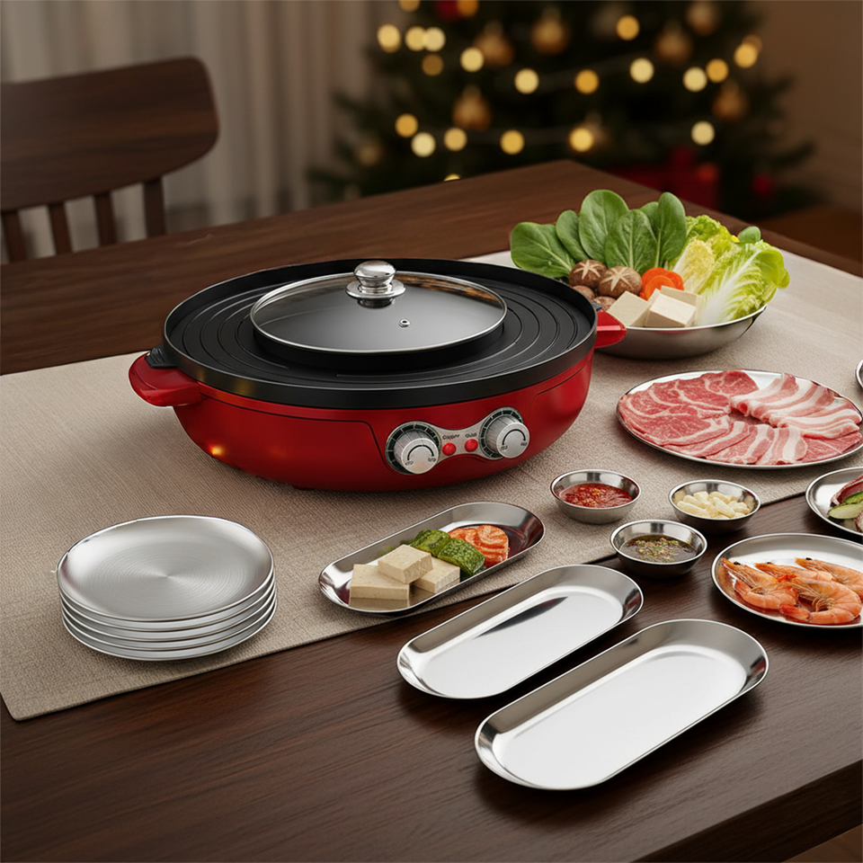 SOGA Kitchenware Bundle – 2-in-1 Electric Hot Pot BBQ Grill & Silver Plate Set with Grilling Plate