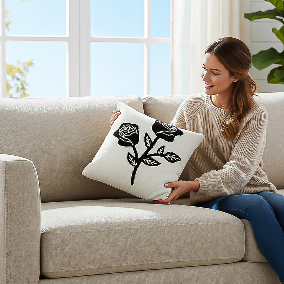 SOGA 2X 45cm White Black Rose Floral Embroidered Throw Pillow