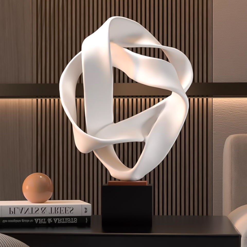 SOGA 41cm White Abstract Sculpture Loop-Inspired Art with Black Base for Home Decor