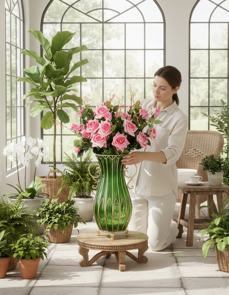 SOGA 51cm Green Glass Tall Floor Vase with 12pcs Pink Artificial Fake Flower Set