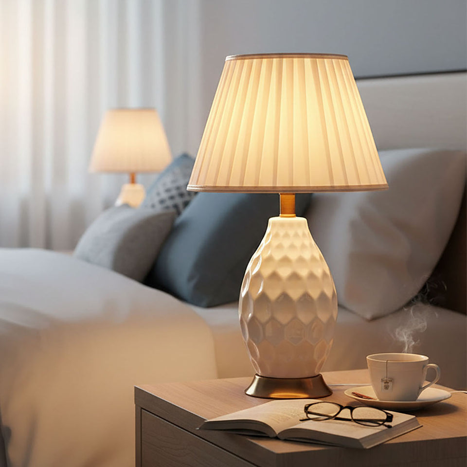 SOGA Textured Ceramic Oval Table Lamp with Gold Metal Base White