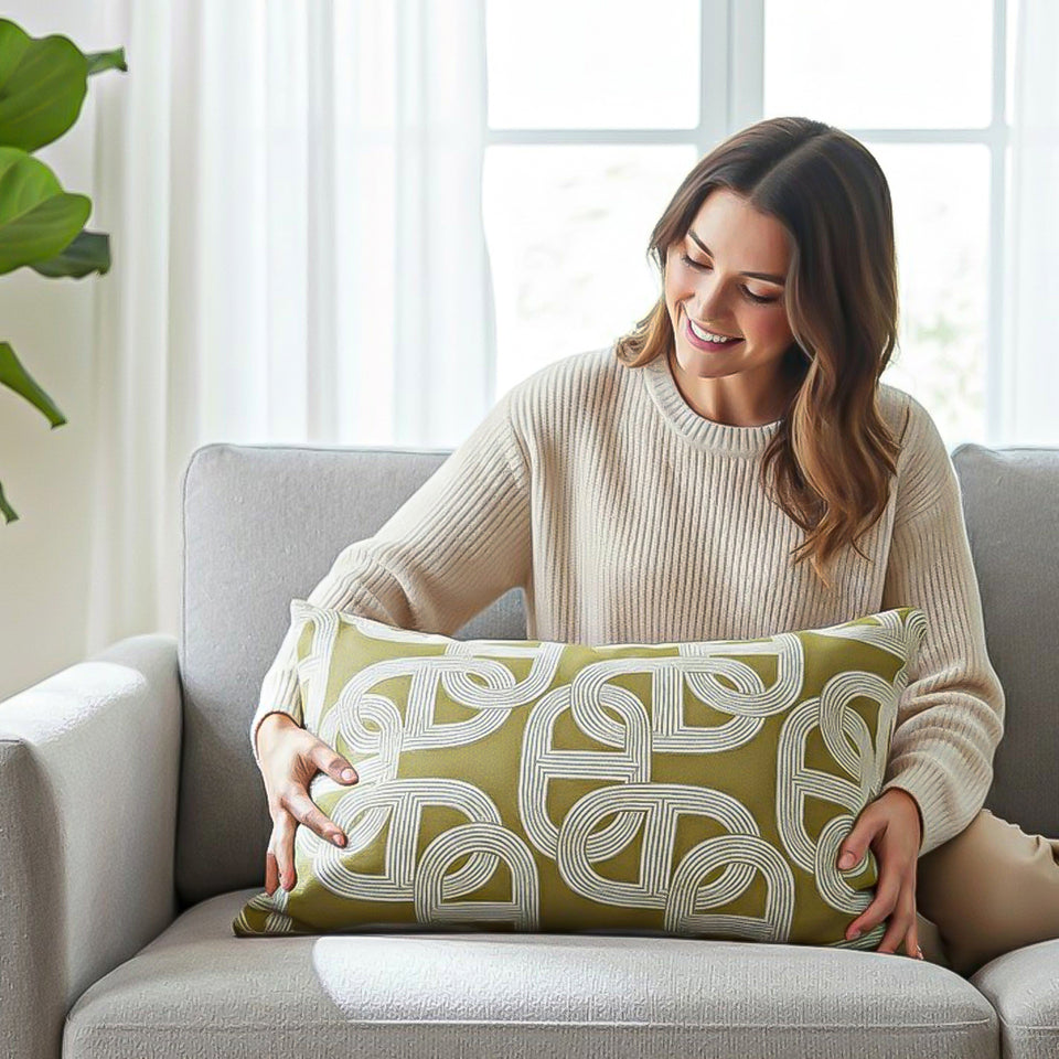 SOGA 2X 35cm Artistic Olive Green White Geometric Pattern Throw Pillow