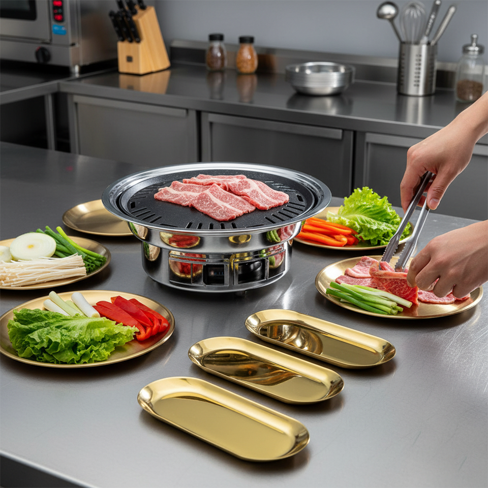 SOGA Kitchenware Bundle – Gold Nordic Plate Set, 23cm Grilling Plate & Portable Charcoal BBQ Grill