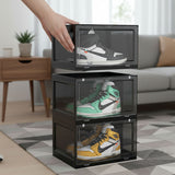 SOGA 3 Tier Black Portable Shoe Organiser Sneaker Footwear Folding Plastic Bin Stackable Storage Box with Magnetic Door