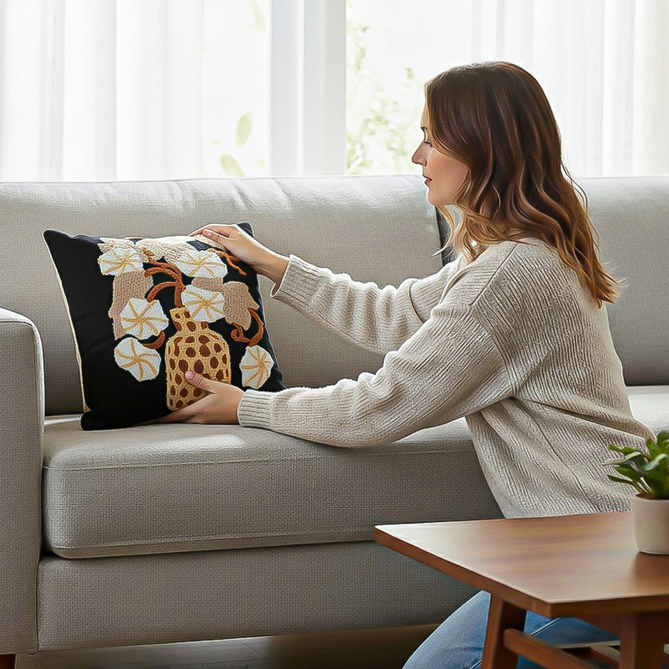 SOGA 2X 45cm Black Gold Wicker Basket Floral Embroidered Throw Pillow