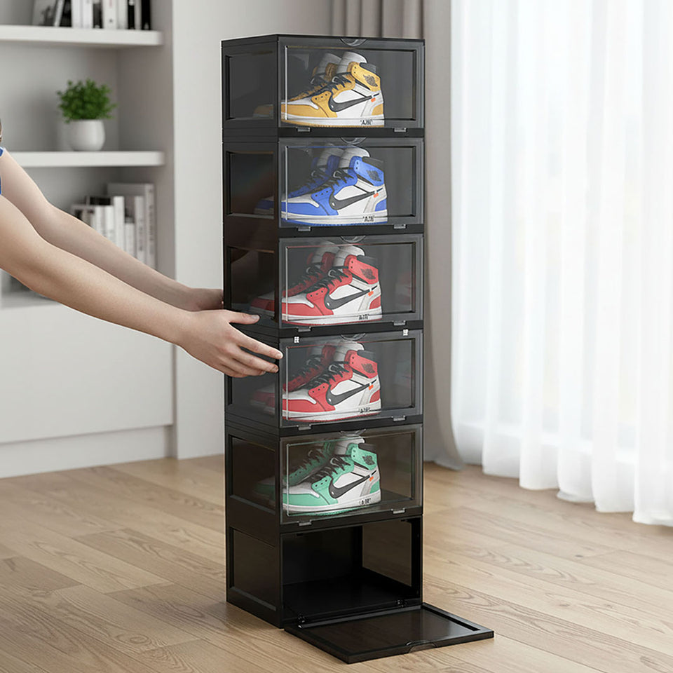 SOGA 2X 6 Tier Black Portable Shoe Organiser Sneaker Footwear Folding Plastic Bin Stackable Storage Box with Magnetic Door