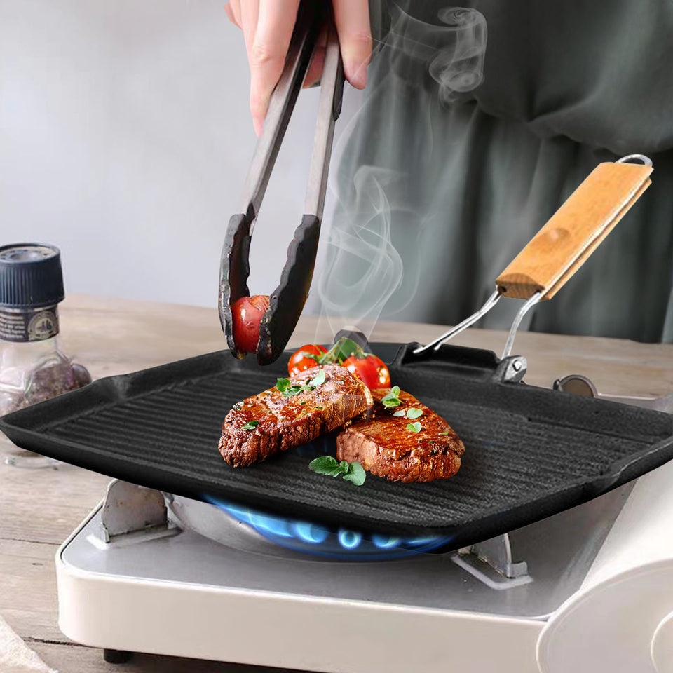 SOGA 20.5cm Rectangular Cast Iron Griddle Pan with Folding Wooden Handle