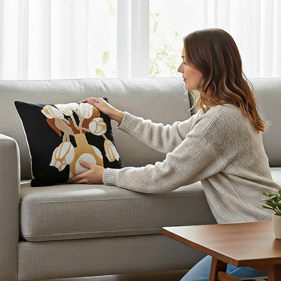 SOGA 2X 45cm Black White Gold Floral Vase Embroidered Throw Pillow