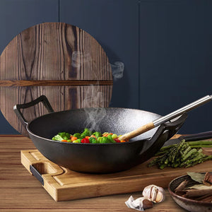 SOGA 2X 36CM Commercial Cast Iron Wok FryPan with Wooden Lid Fry Pan
