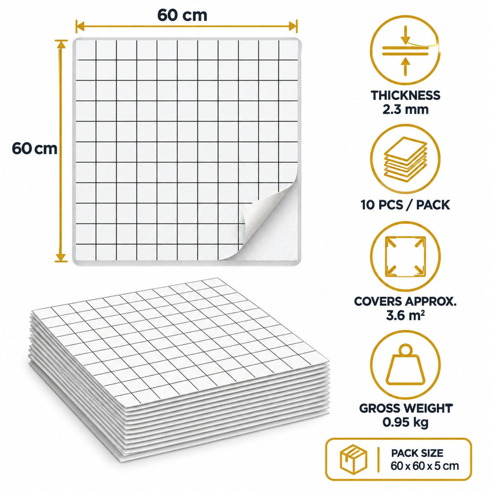 SOGA Peel & Stick Floor and Wall Tiles 60 x 60cm 10 Pack White Grid Tile Look