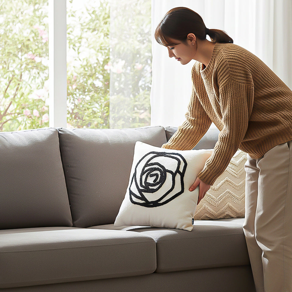 SOGA 2X Embroidered Cushion 45cm White Black Rose Flower Pattern Decorative Throw Pillow
